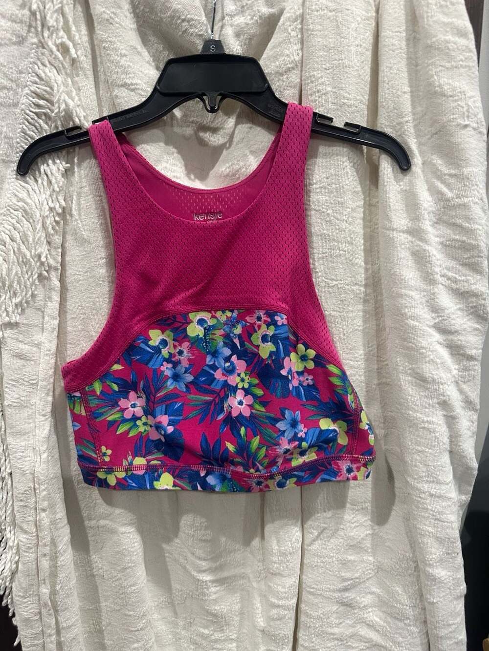 Kensie Performance Pink Floral Mesh Keyhole Back Crop Tank Top Sports Bra S